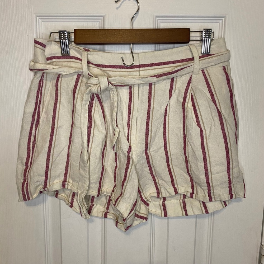 Ann Taylor Factory Striped Linen Blend Tie Waist Shorts Ivory Size 6‎ Coastal